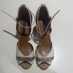 Chic White and Brown Heeled Sandals